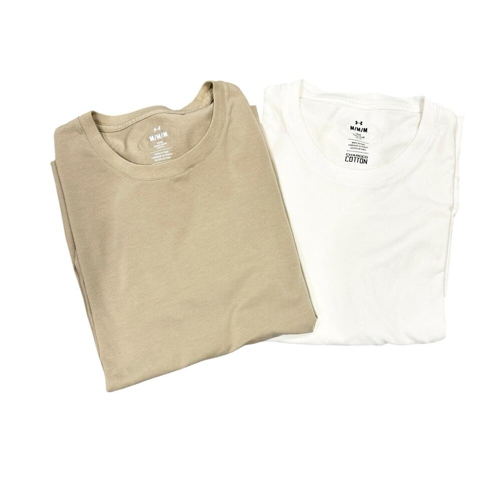 Under Armour Lot of 2 Charged Cotton T-Shirts Tan White Sz Medium Loose Fit
